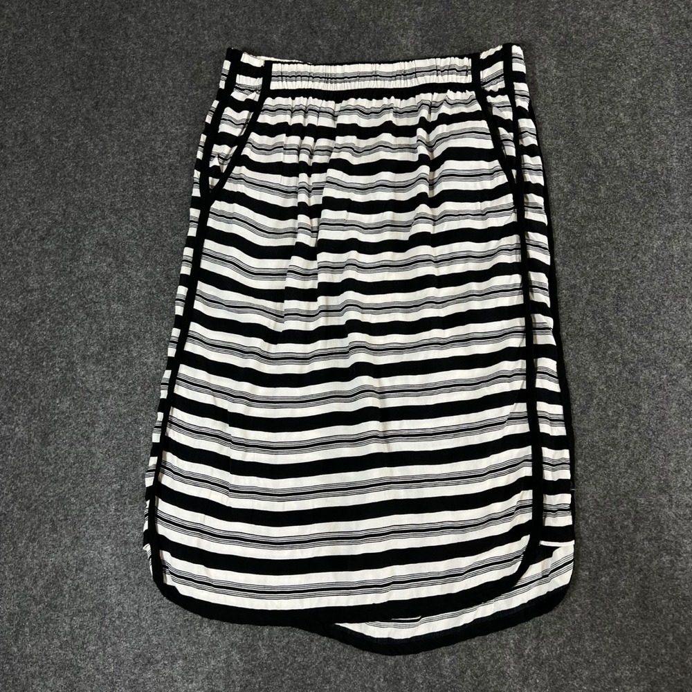 LOFT Ann Taylor Black White Striped Midi Skirt Pockets Dolphin Hem Womens Small